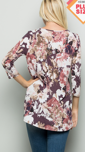 Floral Mauve Top with Front Knot, 3/4 Sleeves