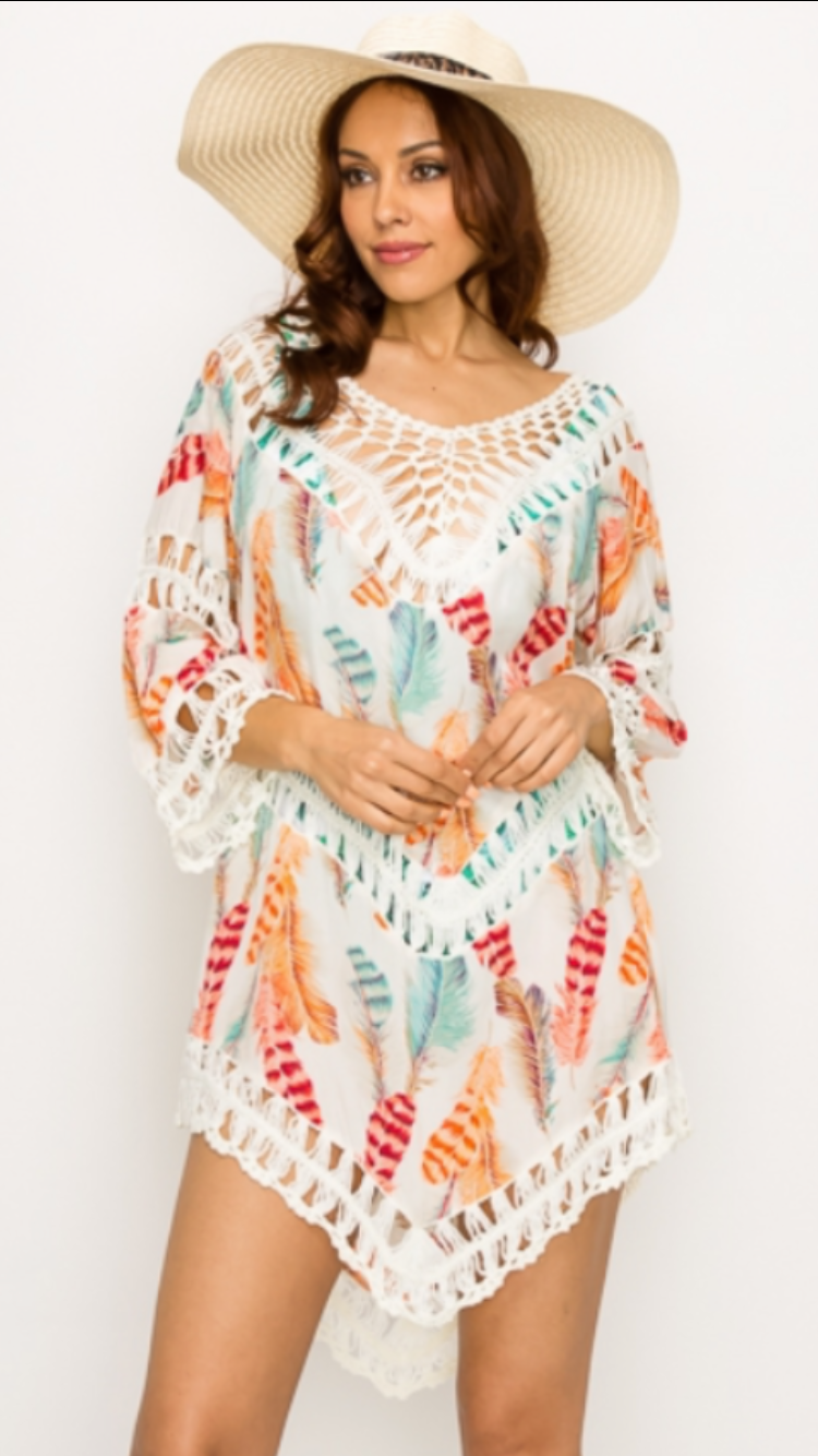 Feather Print Cover-Up, Crochet Detail