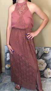 Mauve Maxi Dress with Lace Detail and Side Slit