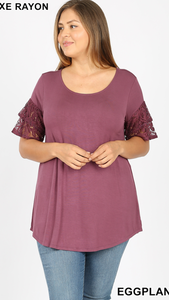 2 Tier Ruffle Lace Sleeves, Round Neckline and Hem (Available in:  Eggplant)
