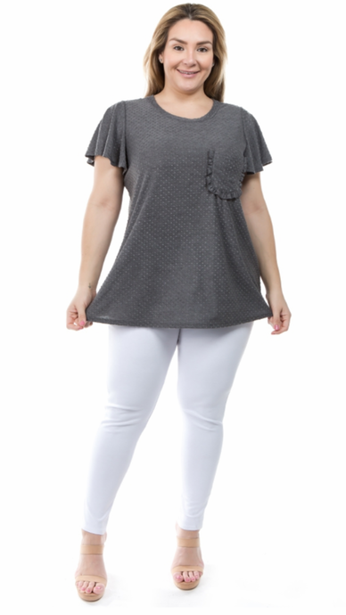 Charcoal, Dot Texture Top with Ruffle Pocket