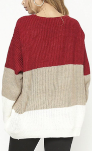 Color Block Knit Sweater with Font Tie/Lace-up Detail