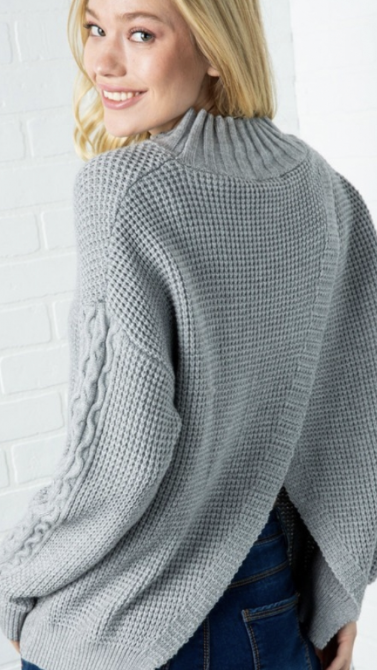 Chunky Knit Sweater with Split Back and Cable Sleeves (Available in: Cream)