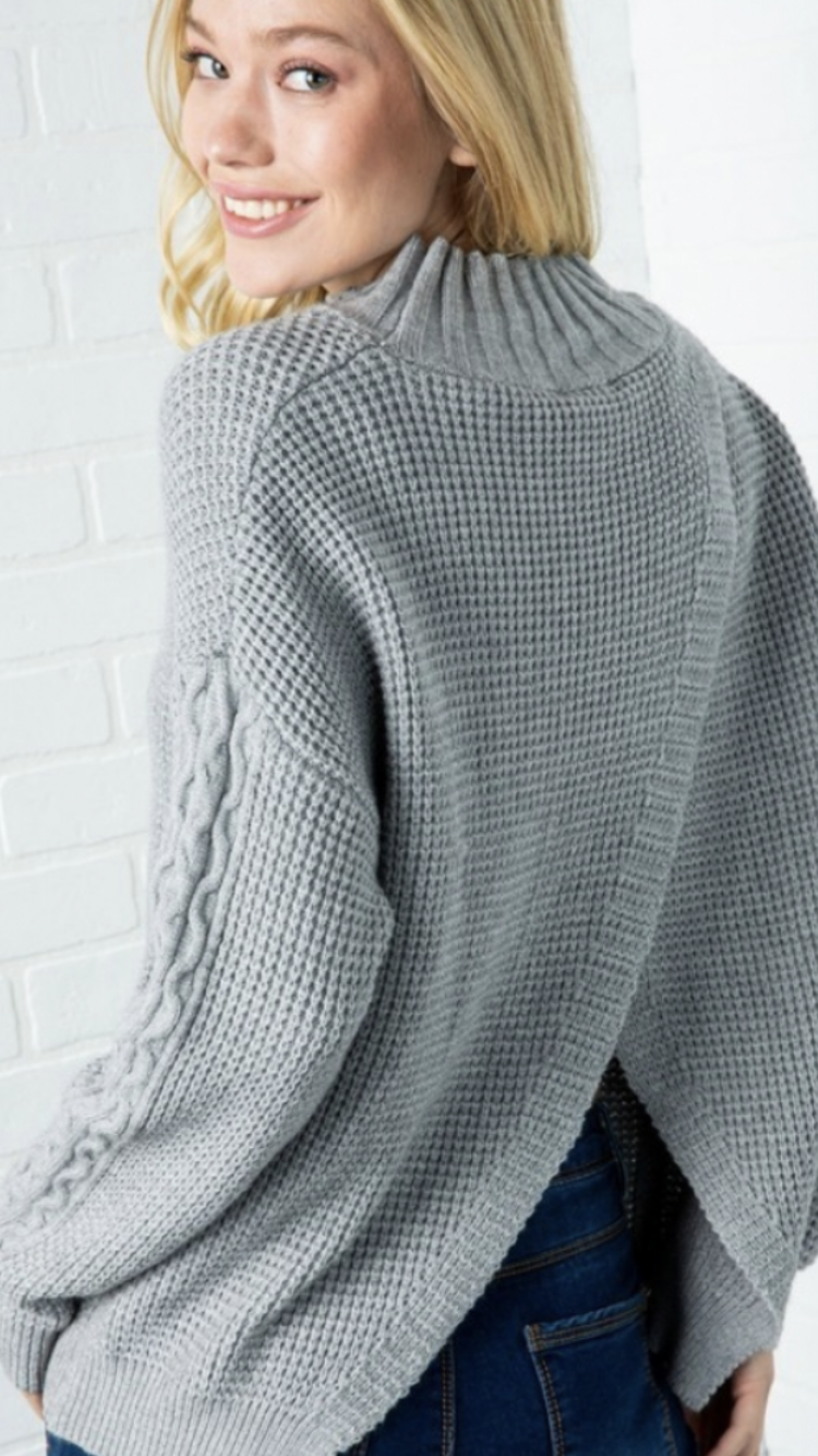 Chunky Knit Sweater with Split Back and Cable Sleeves (Available