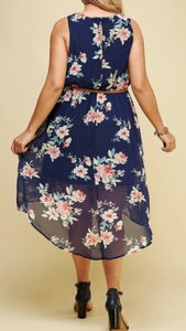 Navy/Floral High-Low Dress with Belt