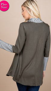 Olive Tunic with Stripe Cowl Neck and Wrists