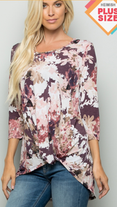Floral Mauve Top with Front Knot, 3/4 Sleeves