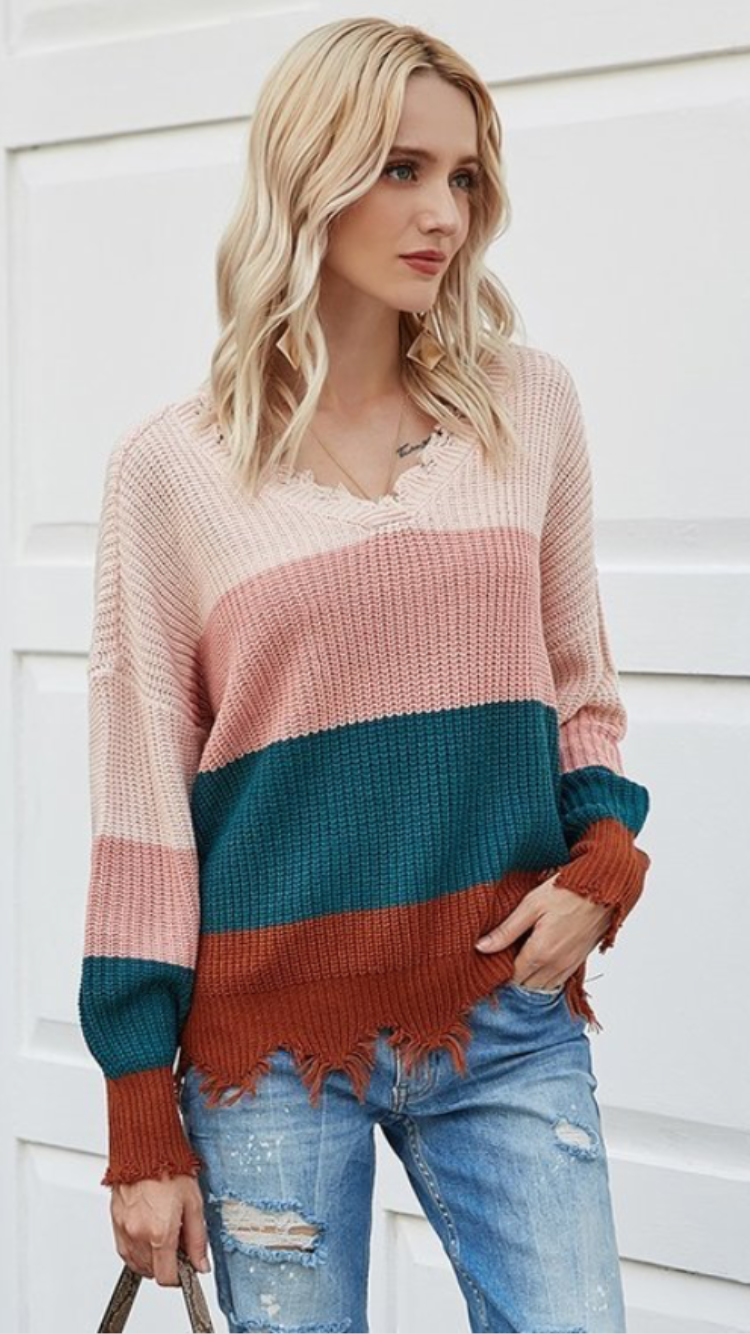 Color block 2025 frayed sweater