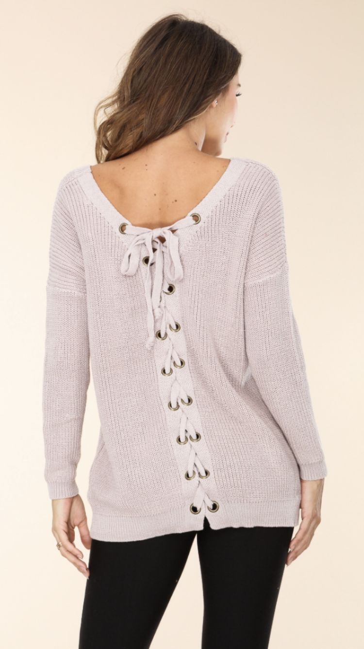 Oatmeal, Lace-up Back with V-Neck Knit Sweater