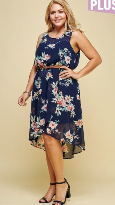 Navy/Floral High-Low Dress with Belt