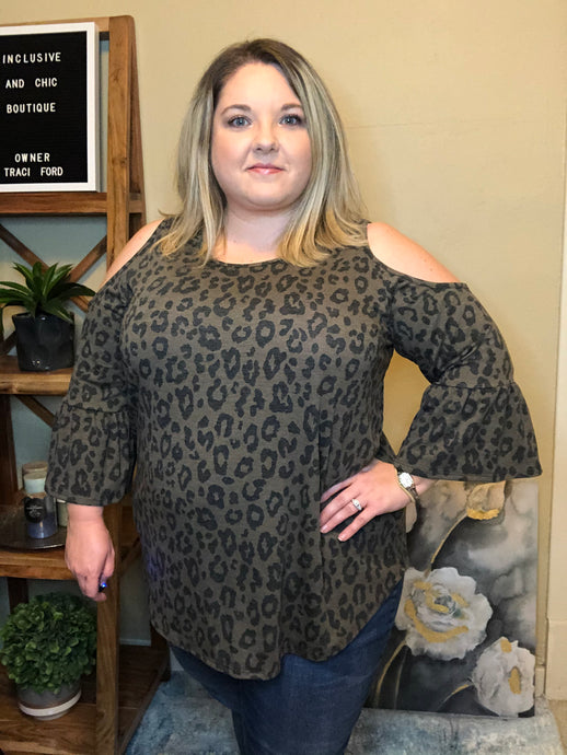 Cold Shoulder, Leopard Print Top with Bell Sleeve