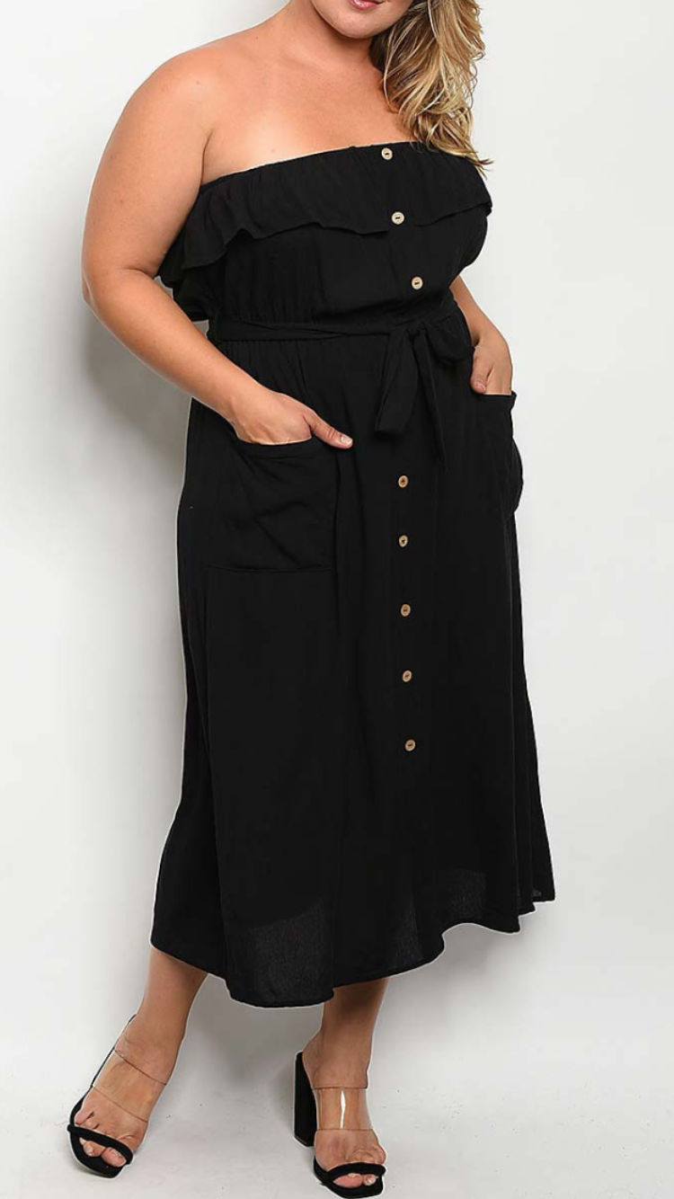 Ruffle, Faux Button Detail with Pockets Maxi Dress