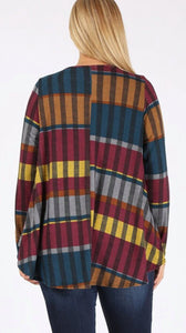 Multi-colored vertical and horizontal striped top
