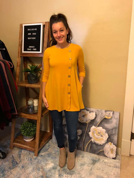 ¾ Sleeve Tunic with Front Off-Center Button Detail and Side Pockets (Available in:  Mustard, Olive, Charcoal)