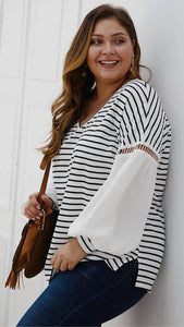 Bubble Sleeve with Lace Detail, Black/White Stripes and "V" Neck
