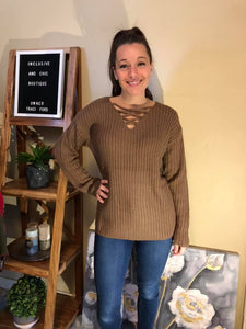 Sweater with Front Criss-Cross Detail on “V” Neck Line (Available in: Mocha and Burgundy)
