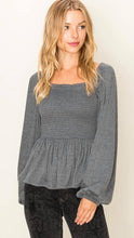 Load image into Gallery viewer, Peplum Top with Bubble Sleeves, Charcoal