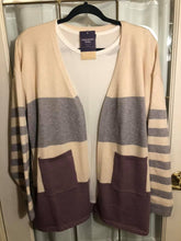 Load image into Gallery viewer, Color Block Cardigan with Pockets (Cream/Heather Grey/Lilac), Over-Sized