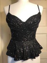Load image into Gallery viewer, Black Sequins Peplum Top with Adjustable Shoulder Straps