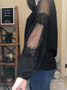 Lace and Sheer Black Fabric Top with Bubble Sleeves