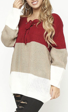 Load image into Gallery viewer, Color Block Knit Sweater with Font Tie/Lace-up Detail