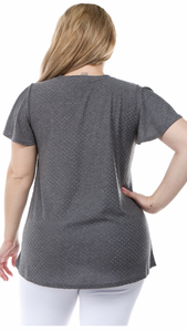 Charcoal, Dot Texture Top with Ruffle Pocket