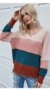 Color Block Sweater with Frayed Edges