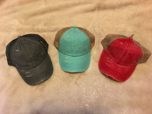 C.C. Brand Hat, Distressed Appearance with Crossed Elastic Band in Back