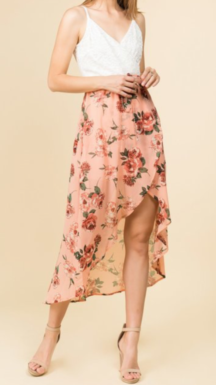 Pink/Ivory Floral High-Low Maxi Dress