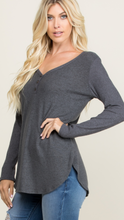 Load image into Gallery viewer, Charcoal So Soft Top, V-Neck, Ribbed Detail Sleeves