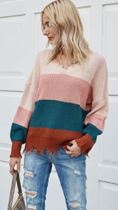 Color Block Sweater with Frayed Edges