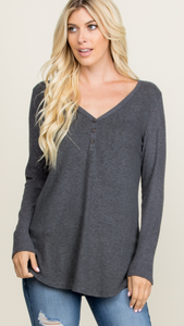 Charcoal So Soft Top, V-Neck, Ribbed Detail Sleeves