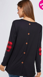 Long Sleeve Elbow Patch Top with Button Back