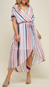 Chiffon Multi-colored Vertical Stripe High-Low Dress