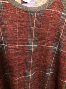 Burgundy Plaid Pattern with Charcoal 3/4 Sleeves