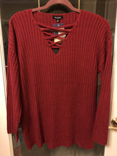 Load image into Gallery viewer, Sweater with Front Criss-Cross Detail on “V” Neck Line (Available in: Mocha and Burgundy)