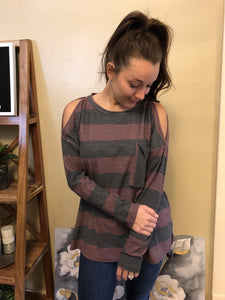 Long Sleeve Scoop Neck with Cold Shoulder Striped Tunic with Front Chest Pocket