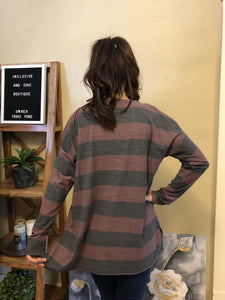 Long Sleeve Scoop Neck with Cold Shoulder Striped Tunic with Front Chest Pocket